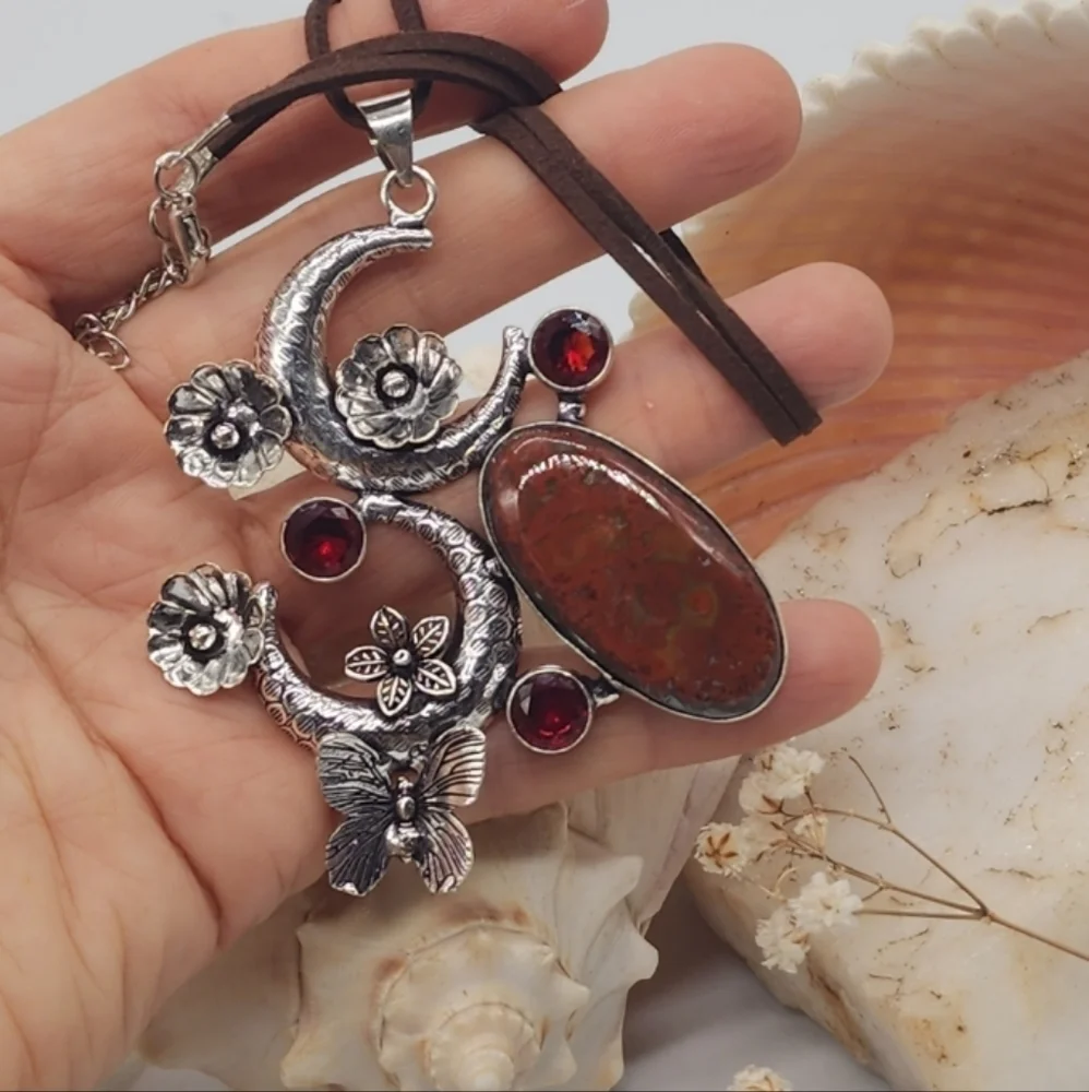 Moon Silver 925 Necklace Pendant Natural Agate Cabochon Stone Leather Necklace